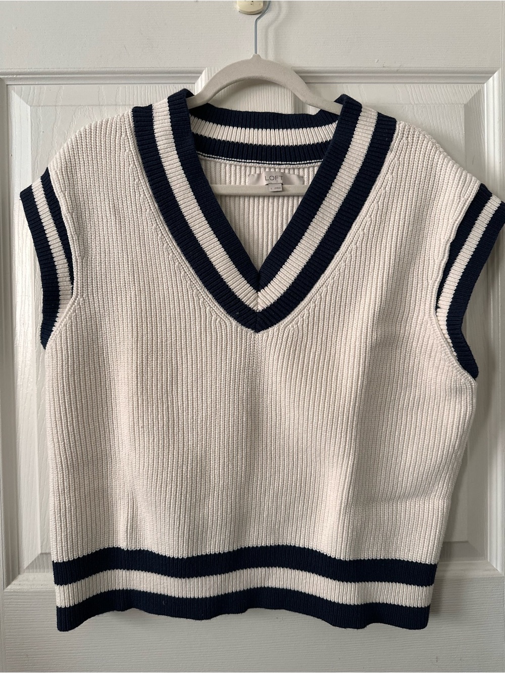 LOFT White V-Neck Sweater Vest with Navy Trim